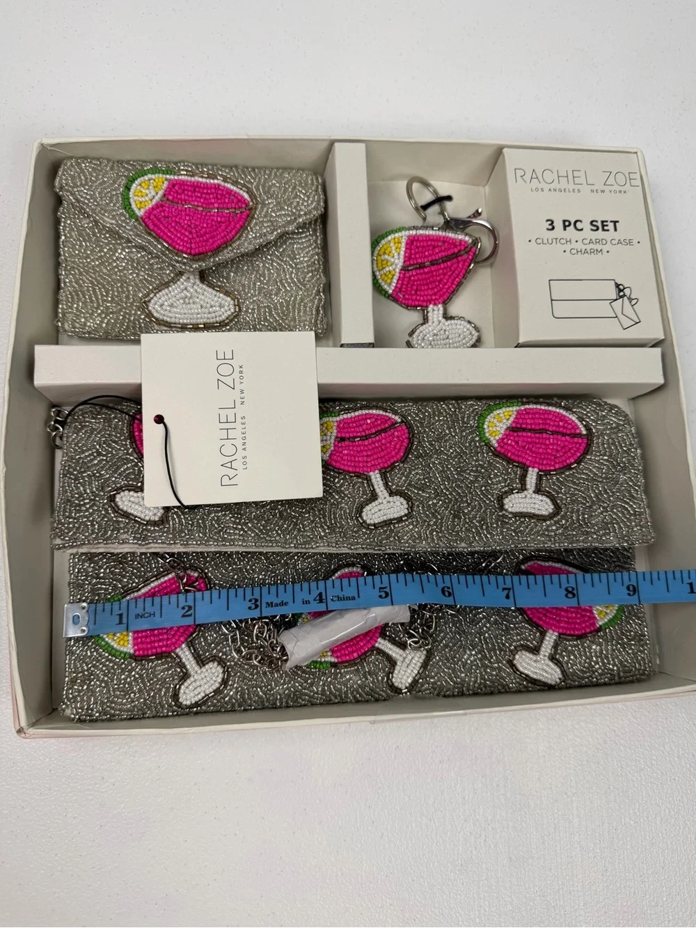 NWT‎ $98 Rachel Zoe 3 Pc Set Beaded Pink Margarita Silver Clutch Card Case Charm